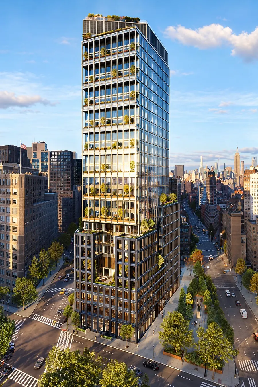 Rendering of One Grand, a glass tower with planted terraces on Varick Street