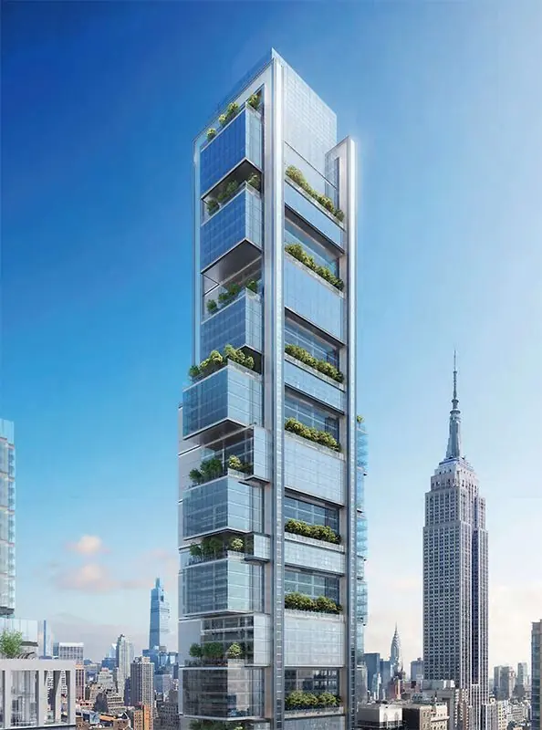 Rendering of the PENN15 development, a tall glass tower with planted terraces beside the Empire State Building